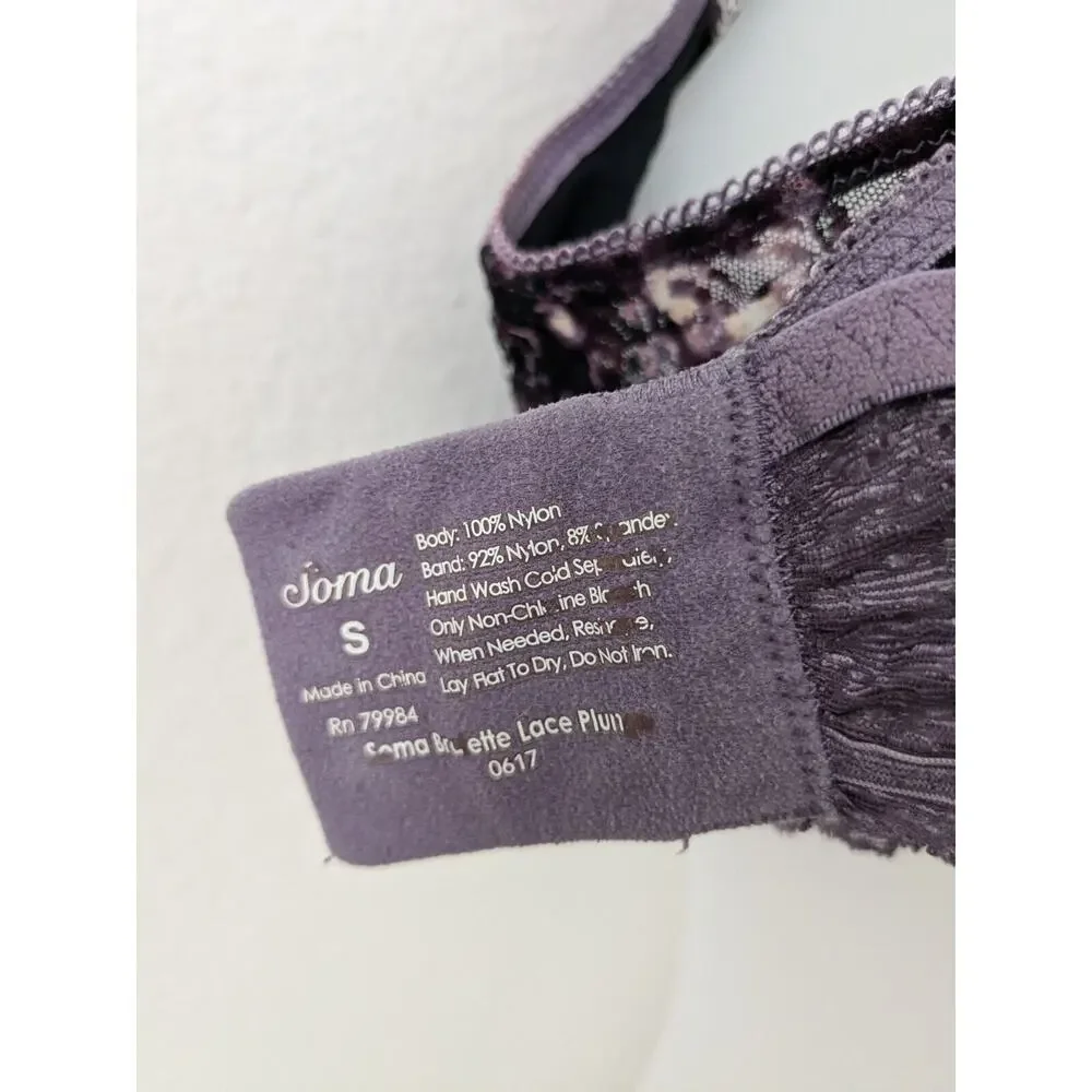 SOMA Lace Velvet Plunge Wireless Unlined Bralette Purple Convertible‎ Bra Sz S